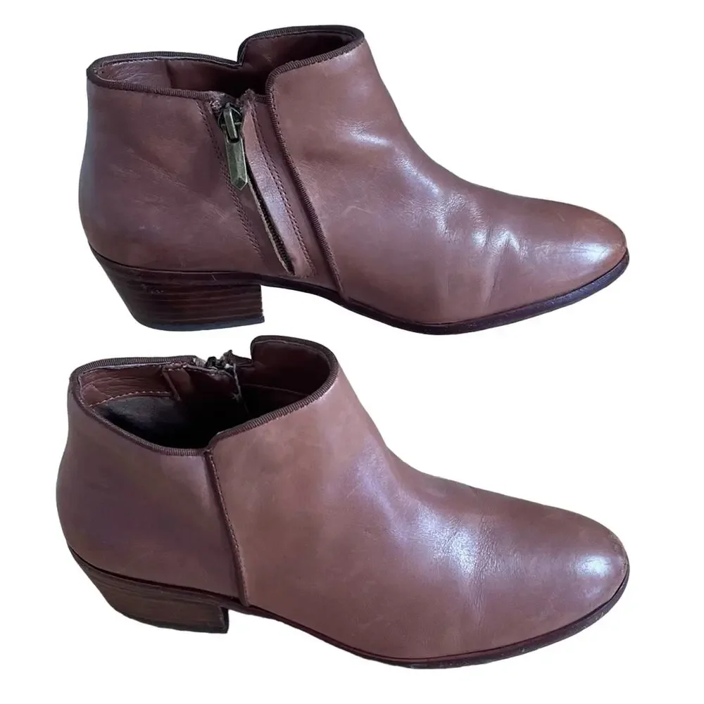 Sam Edelman Boots Women's Size 7 Brown Leather Petty Ankle Stacked Heel Side Zip
